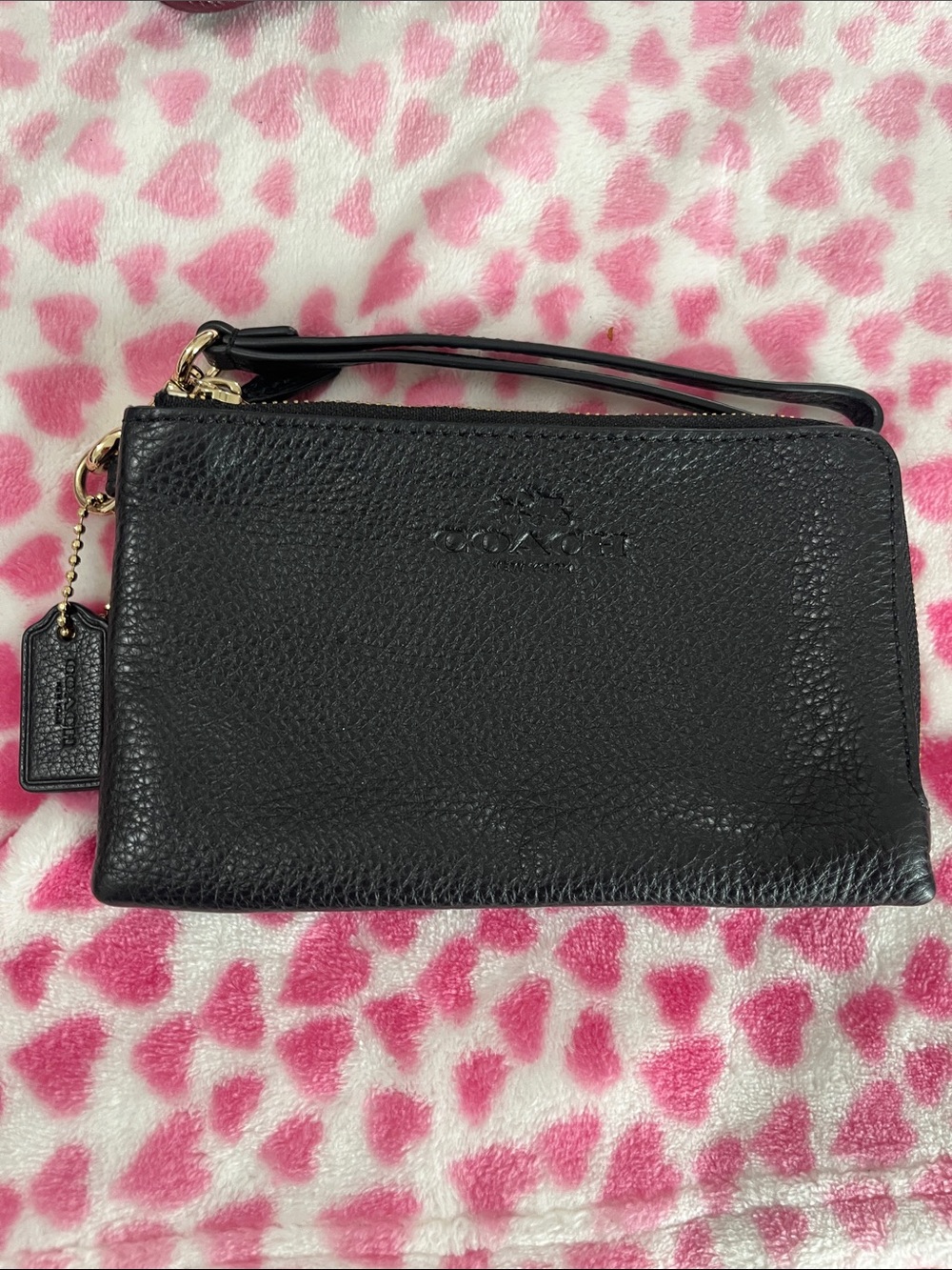 Coach Black Pebbled Leather Wristlet Clutch with Gold Hardware